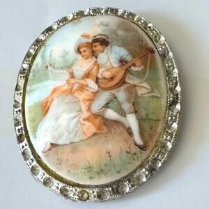 Victorian Lovers Nickel Silver Fragonard Milk Glass Cameo Clip Brooch Vintage